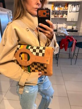 L.A.M.B. Y2K Leather check oversized Clutch top handle bag Green yellow stripes